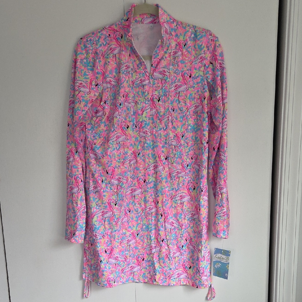 Lulu-B Pink and Blue Flamingo Midi Dress or Sun Cover Up